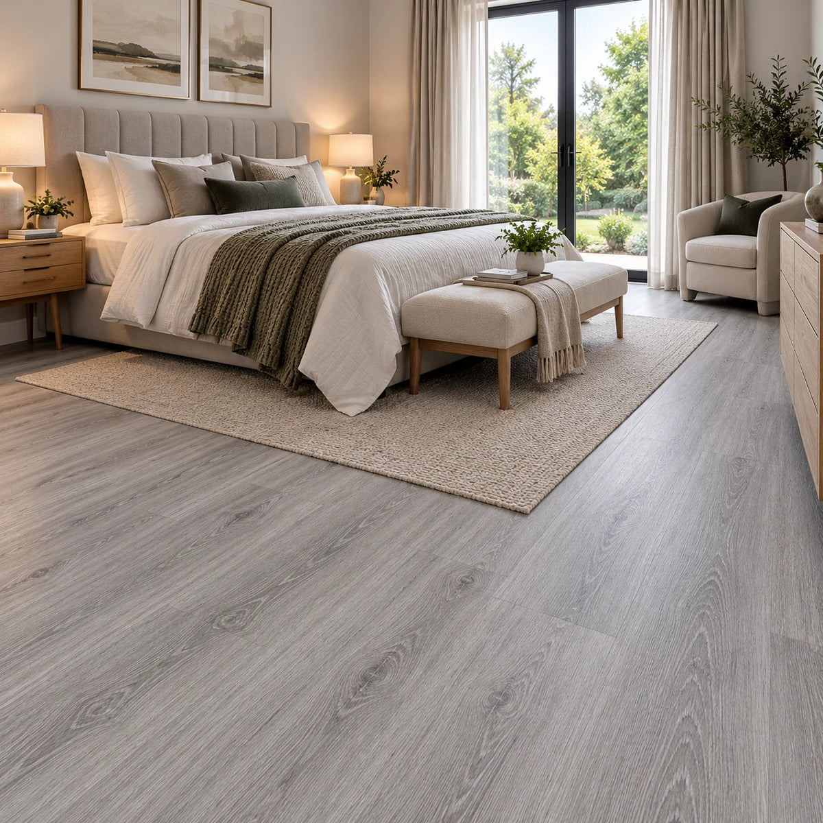 Grey oak effect LVT flooring in a modern bedroom with an upholstered bed, jute rug and garden doors