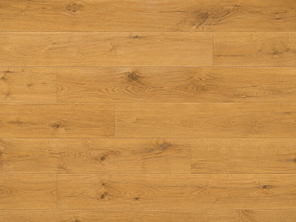Top-down flat lay of Harvest Oak SPC planks displaying full plank pattern with pronounced natural oak knots and grain variation