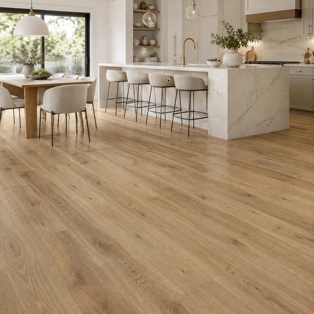 Maple Oak flooring in an open-plan kitchen diner with island and bar stools