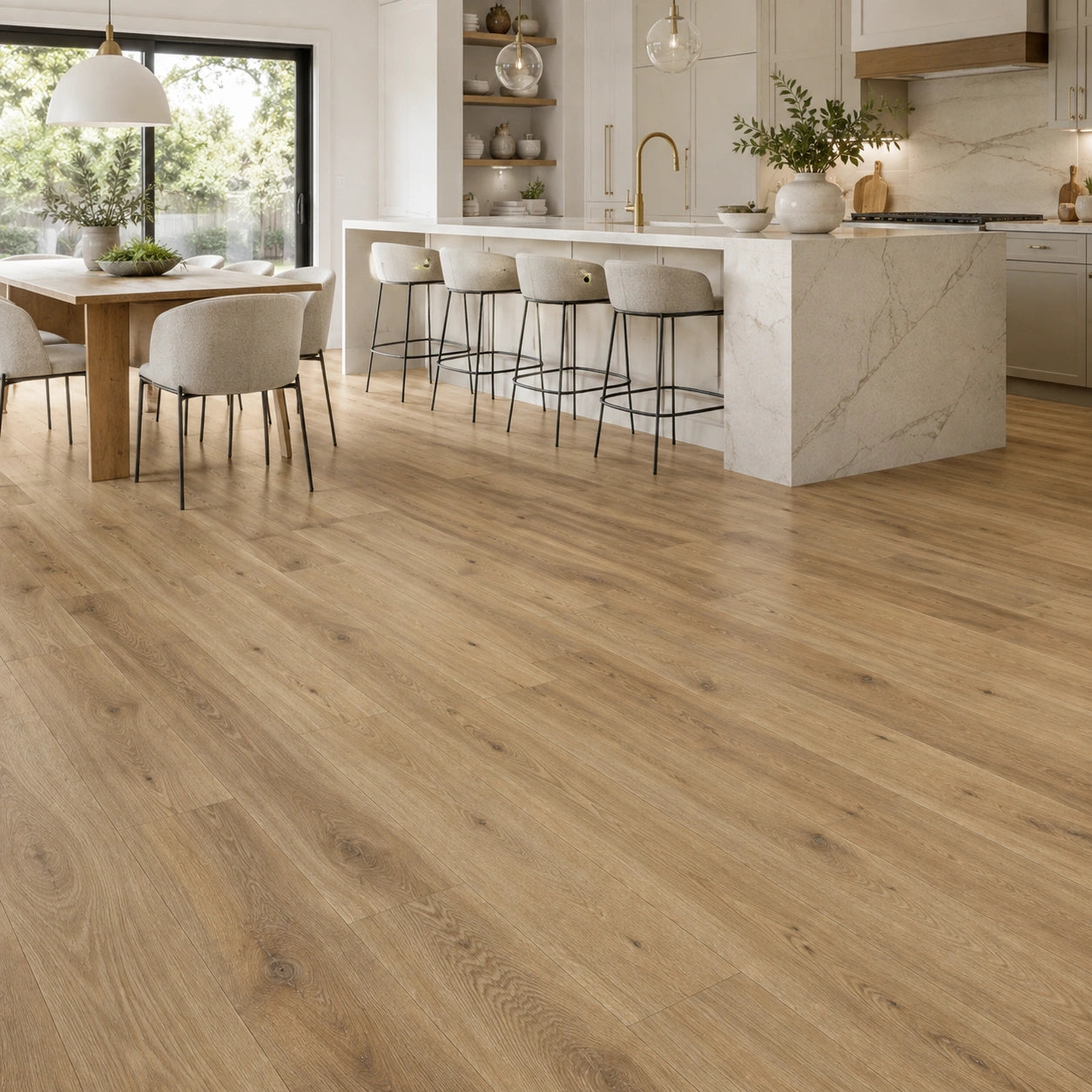 Maple Oak flooring in an open-plan kitchen diner with island and bar stools