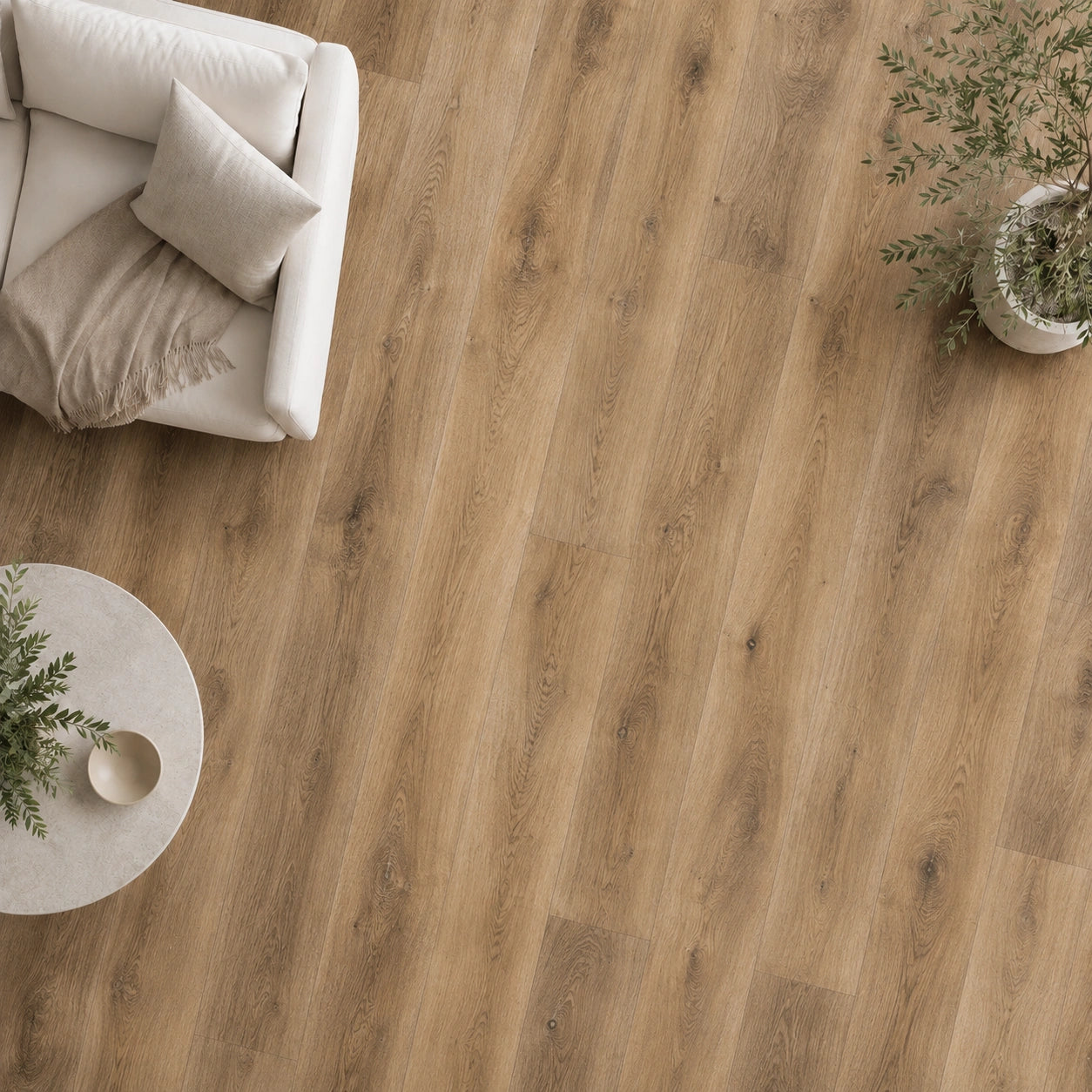 Close-up angle of Maple Oak flooring beside a sofa in a living room