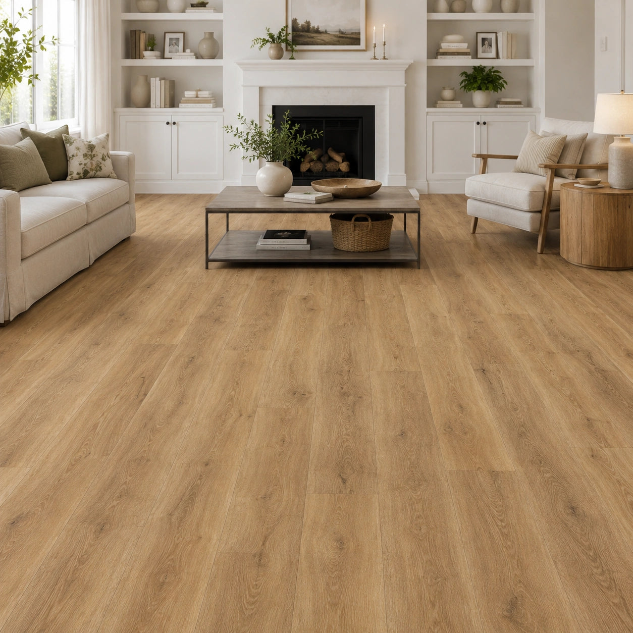 Maple Oak flooring in a living room with fireplace and armchair