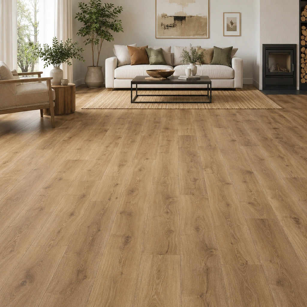 Maple Oak flooring in a bright living room with neutral sofa and houseplant