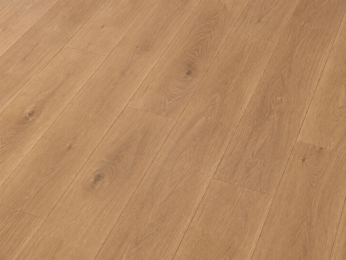 Angled detail shot of Maple Oak SPC flooring showing warm sandy-toned oak grain with natural knot detailing