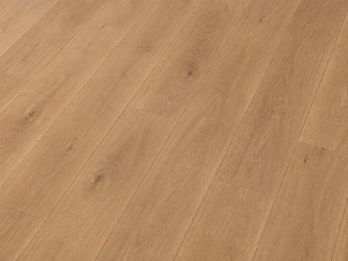 Angled detail shot of Maple Oak SPC flooring showing warm sandy-toned oak grain with natural knot detailing