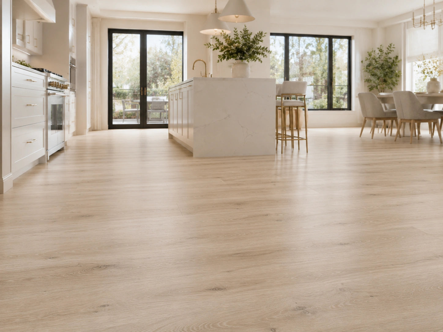Natural Pine Oak SPC flooring in a large open-plan kitchen and dining room with white marble island, black-framed doors and natural light