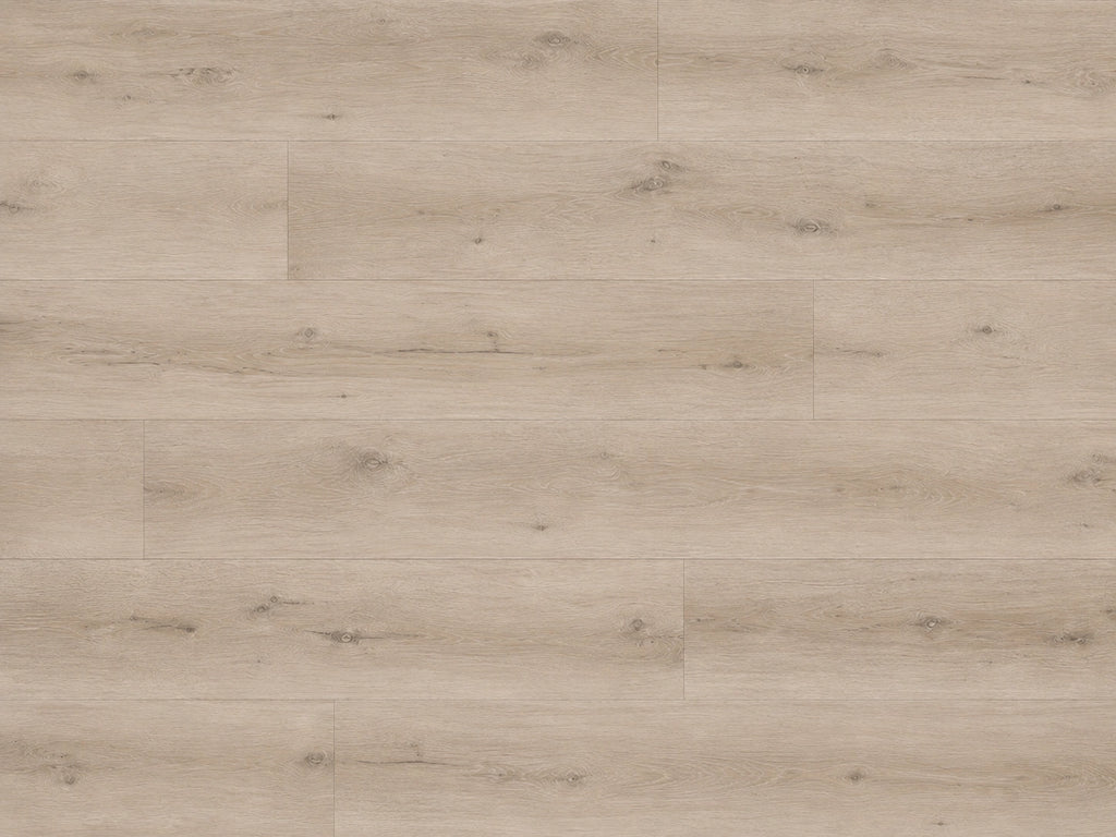 Top-down flat lay of Natural Pine Oak SPC planks showing pale warm oak grain with subtle knot detail across full plank layout