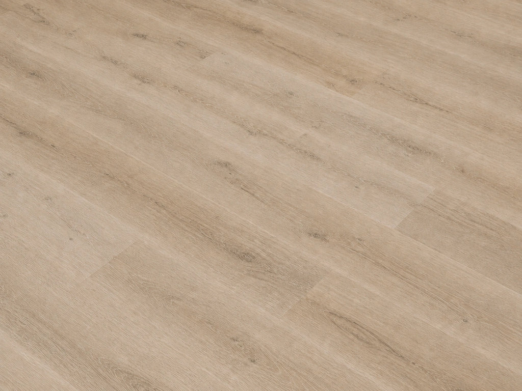 Angled detail shot of Natural Pine Oak SPC flooring showing soft warm linen-toned oak grain texture with fine natural wood patterning


