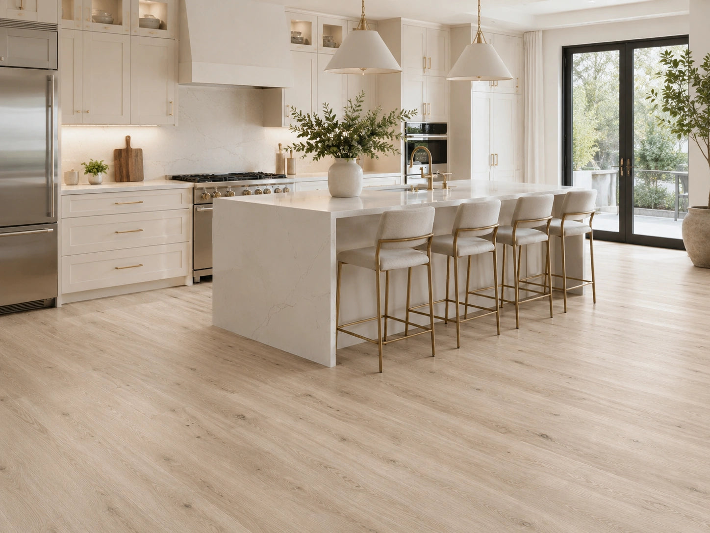 Natural Pine Oak SPC flooring in a bright luxury kitchen with white marble island, cream shaker cabinetry, gold bar stools and garden views