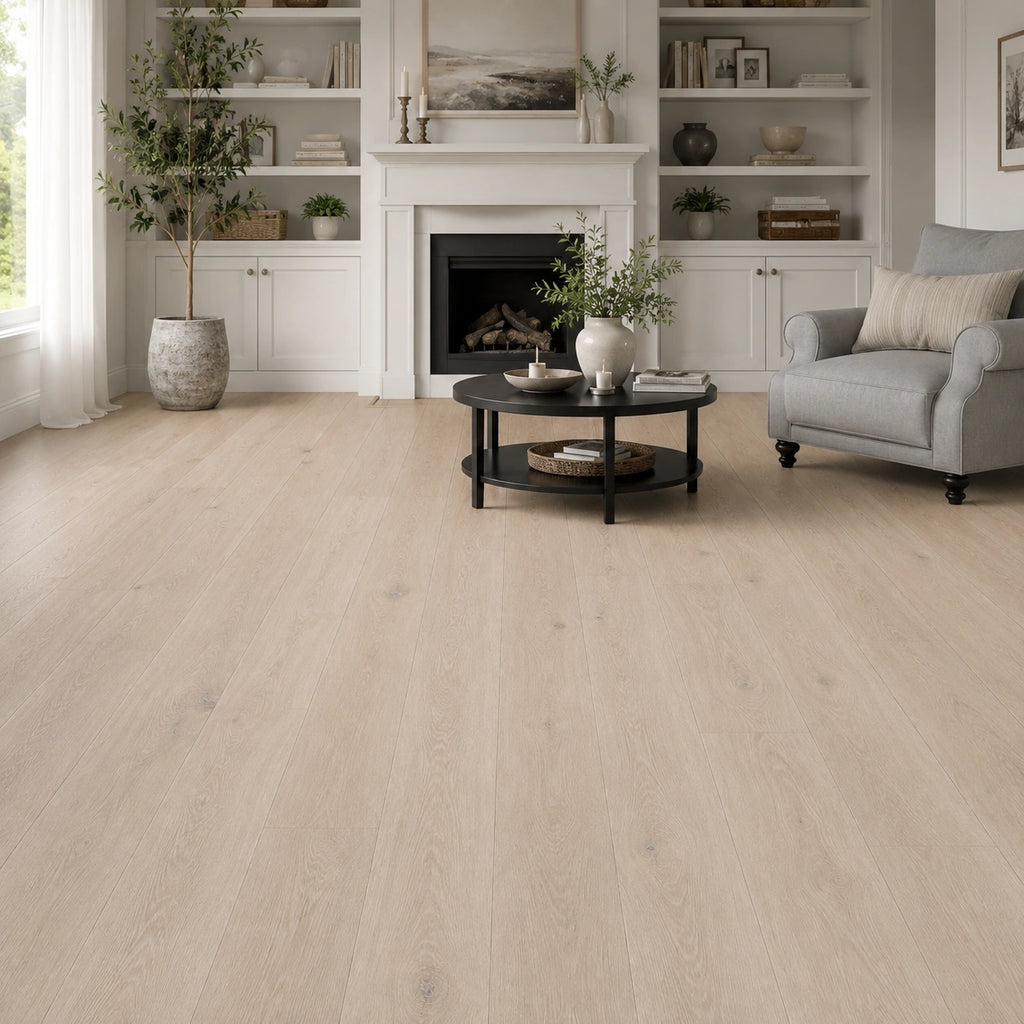 Pale oak SPC LVT flooring in a dark, evening-lit living room with linear fireplace and city view