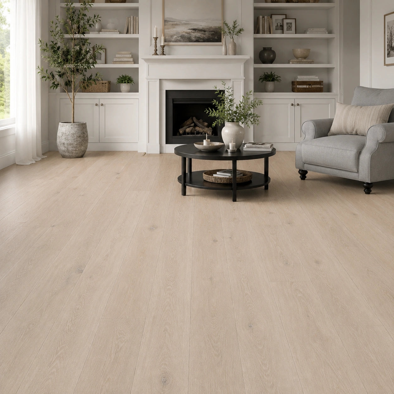 Pale oak SPC LVT flooring in a dark, evening-lit living room with linear fireplace and city view