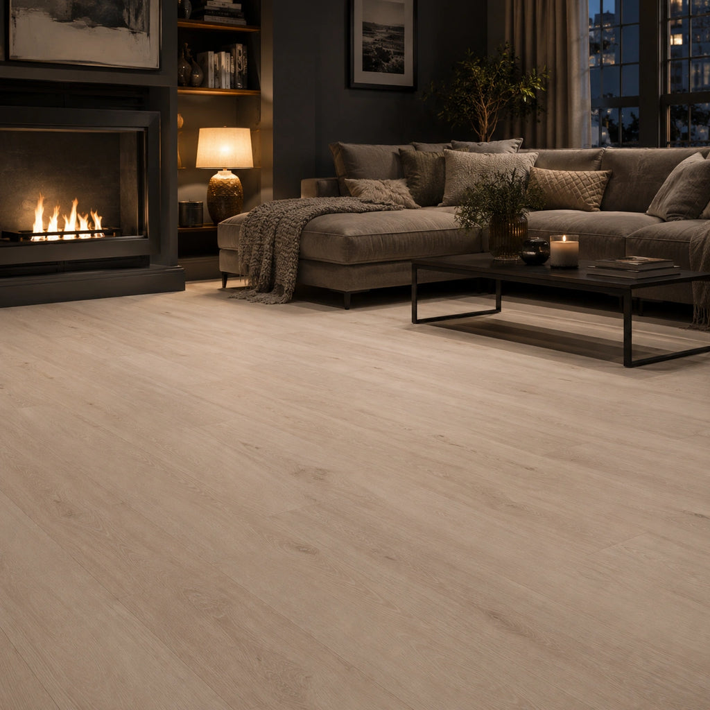 Pale oak SPC LVT flooring in a bright, boho-style living room with wood burning stove