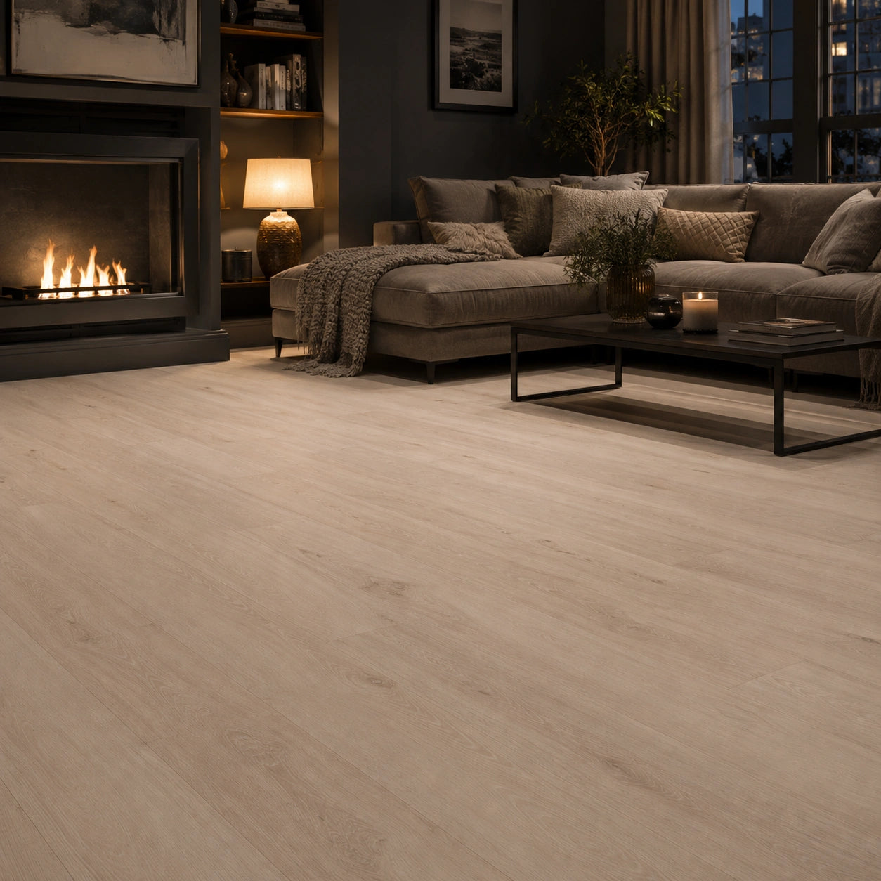 Pale oak SPC LVT flooring in a bright, boho-style living room with wood burning stove