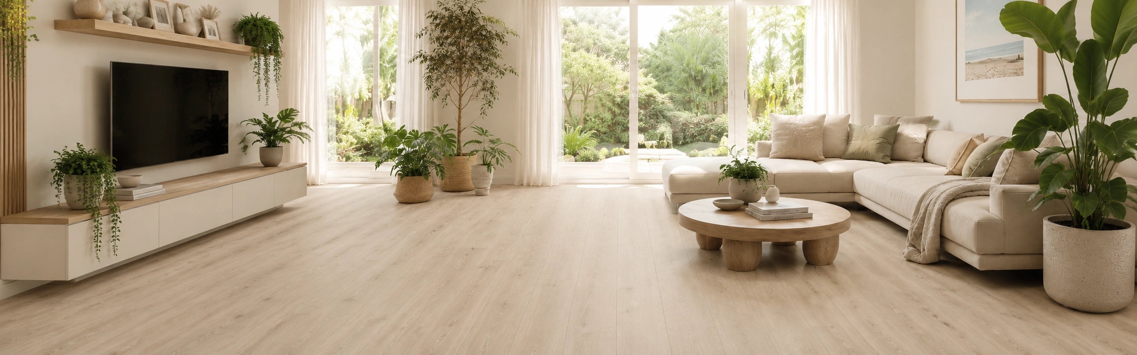 Light Scandinavian style living room with pale oak SPC click vinyl flooring, waterproof rigid core planks, natural wood effect finish and minimal visible joints
