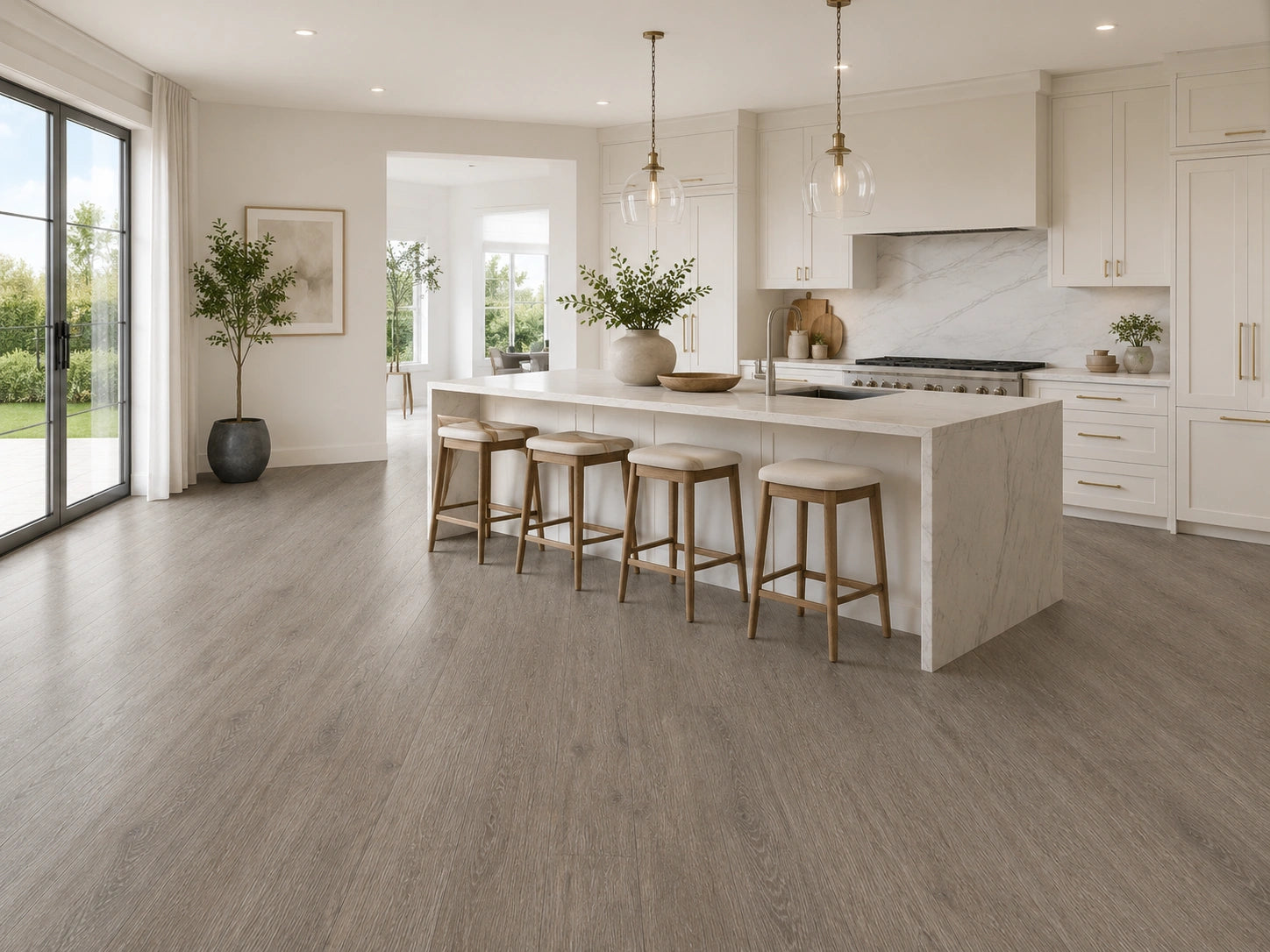 Seasoned Oak SPC flooring in a bright open-plan kitchen with white marble island, gold pendant lighting, timber bar stools and garden views