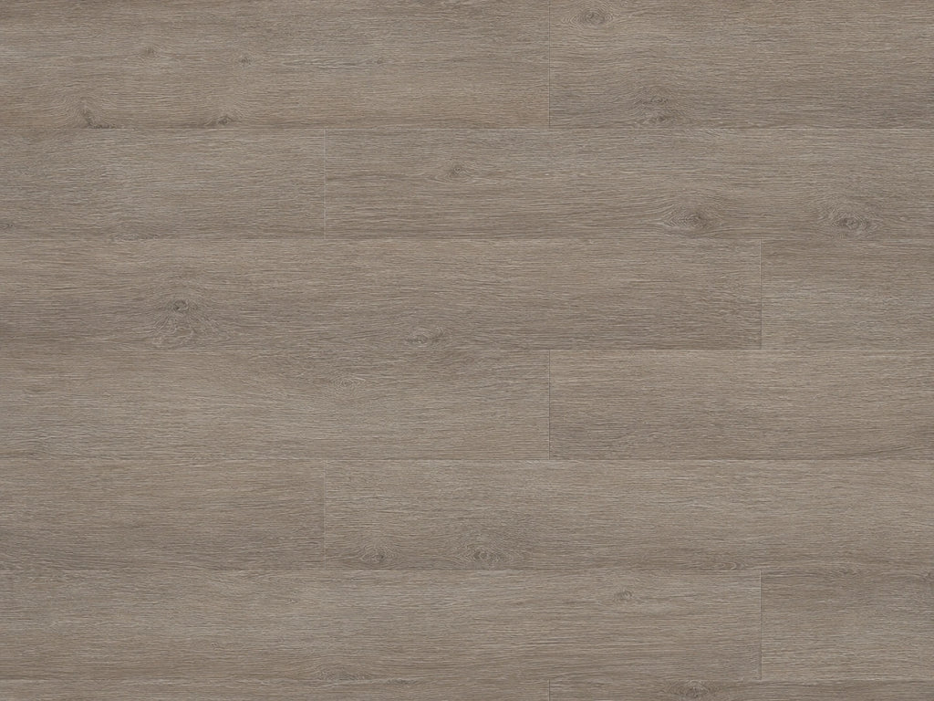 Top-down flat lay of Seasoned Oak SPC planks showing warm greige oak grain with subtle knot detail across full plank layout