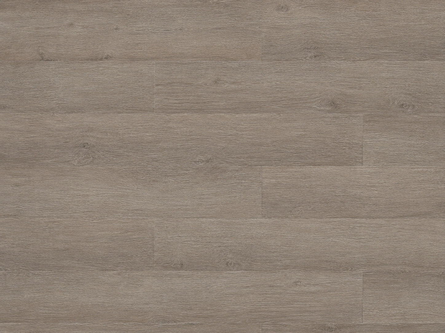 Top-down flat lay of Seasoned Oak SPC planks showing warm greige oak grain with subtle knot detail across full plank layout